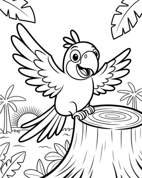 Cute Parrot Standing on Tree Stump Coloring Page for Kids, Black and White Tropical Bird Line Art, Printable Jungle Activity Book Illustration