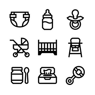 Collection of Baby Care Items Including Diaper, Bottle, Pacifier, Stroller, Crib, and Baby Chair Icons.