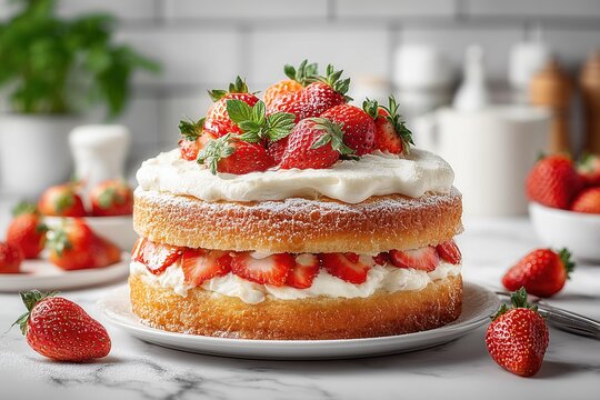 Strawberry Layer Cake With Cream And Fresh Berries