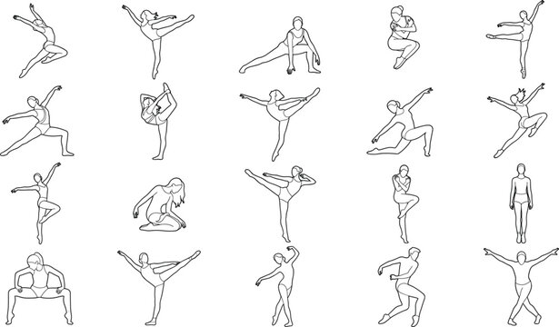 Dancer Pose Line Art Vector Collection with Ballet Contemporary Dance and Gymnastics Movements