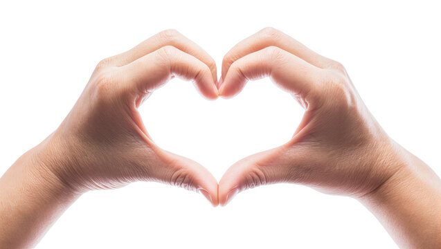 Isolated human hands forming a heart shape, expressing gestures of love, care, affection, and unity