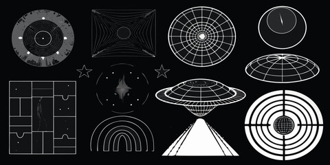 Retro Sci Fi Wireframe Vector Elements On Black Background © ShibuProsad