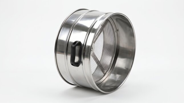 Stainless steel industrial sifter on white background