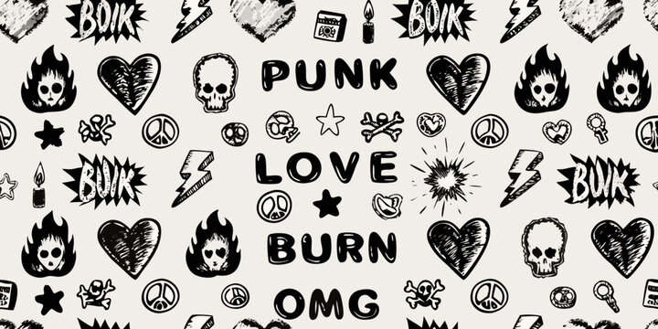 Punk rock sticker pattern element with skulls hearts and lettering