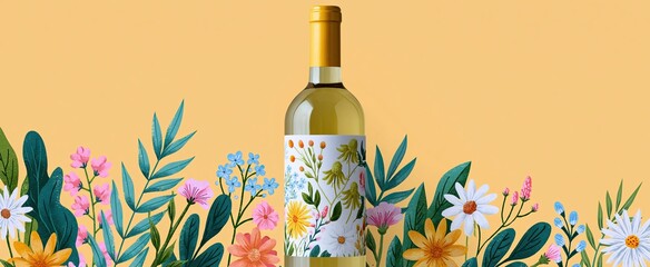 Fototapeta premium A brightly colored wine bottle with a whimsical floral label set against a pastel background, ideal for festive occasions.