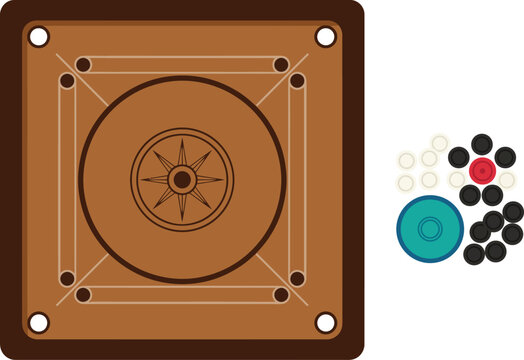 Top view of traditional carrom board game with striker and coins, flat vector illustration