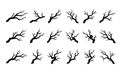 Obraz premium Black gnarled bare tree branch silhouette vector set with twisted natural woodland branches isolated on white background for botanical and decorative design