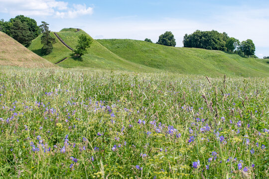 The hillforts and the mounds of Kernave in summer, the medieval capital of the Grand Duchy of Lithuania, a tourist attraction and an important archaeological site, UNESCO world heritage