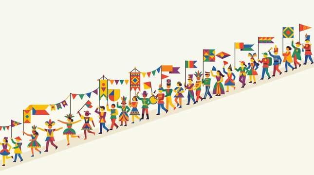 People dressed in colorful carnival costumes march along a festive diagonal path while waving bright flags during a joyous public street parade that celebrates diverse cultures and happy