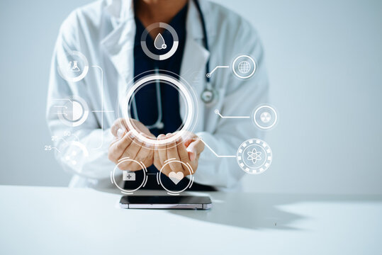 Hand holds a smartphone with a holographic screen, showing a medical app for virtual doctor consultation and remote patient care.