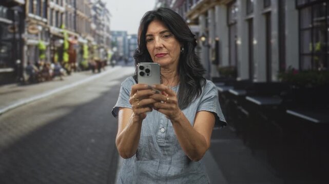 Woman holds smartphone with both hands and types with thumbs while looking at screen on a cobbled street in front of cafes; concentration connectivity engagement.