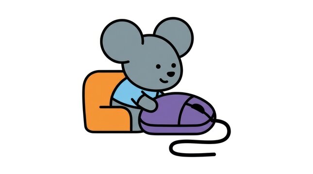 Cartoon mouse character using a purple computer mouse peripheral