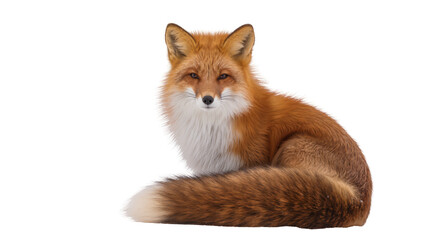 Fototapeta premium Isolated beautiful red fox with thick orange fur and white markings, looking at camera.