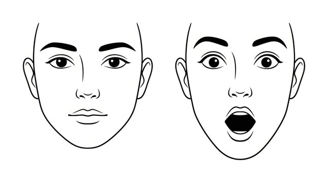 Comparison of calm and surprised female facial expressions line art