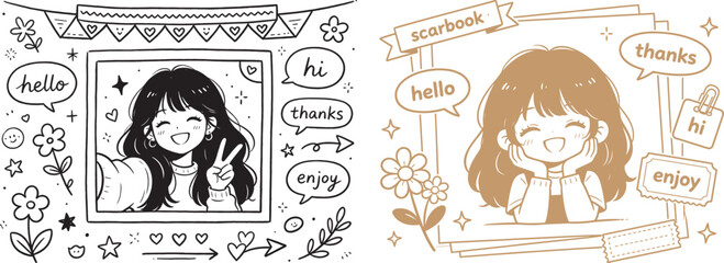 Naklejka premium Cute anime girl doodle vector set with hand drawn scrapbook elements speech bubbles and polaroid frames