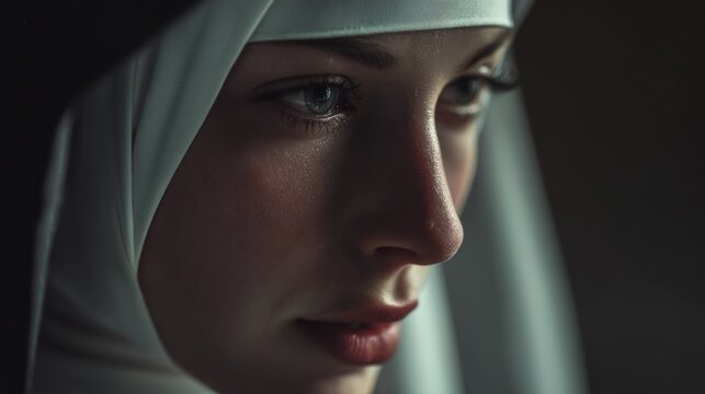 Portrait of young nun in contemplative profile with dramatic light