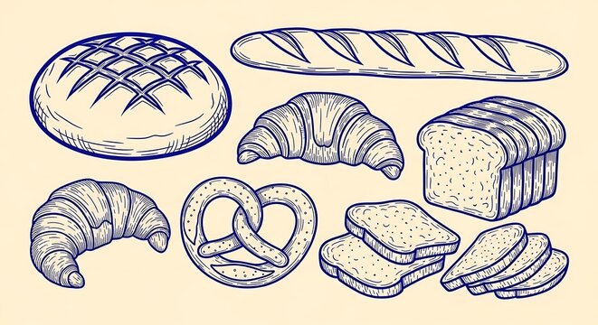 Bakery bread assortment sketch set with baguette croissant illustration