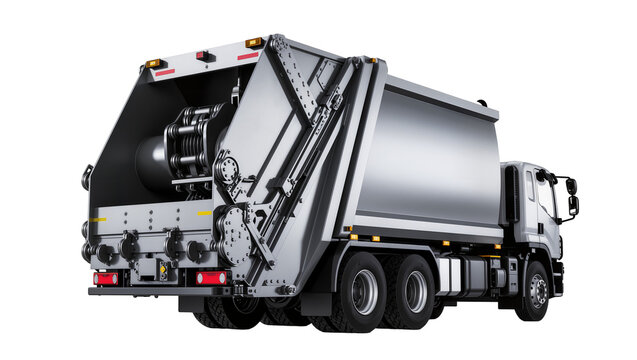 Isolated modern waste collection truck with open rear mechanism for garbage compaction