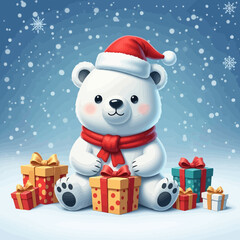 Cute polar bear wearing Santa hat and scarf surrounded by Christmas gifts in snow © Gelas