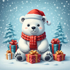 Cute Polar Bear with Santa Hat and Scarf, Surrounded by Christmas Gifts in Snow © Gelas