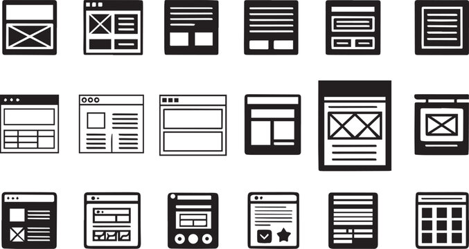 Set of black and white website wireframe icons for user interface design and web development Vector