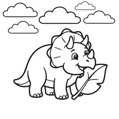 Smiling triceratops dinosaur eating leaf. Cute prehistoric animal illustration . Friendly triceratops enjoying a leafy snack in a simple line art style © AshfaqAman