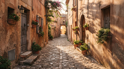 Obraz premium Narrow Cobblestone Alley in Old Italian Village with Terracotta Houses and Blooming Flowers