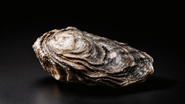A single raw oyster shell closed on a smooth dark background, highlighting its textured surface.
