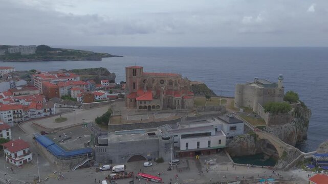 Drone view of castro urdiales with santa maria de la asuncion church