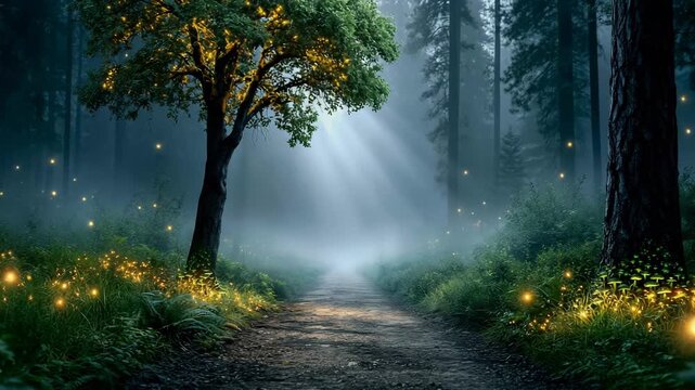 Enchanted Forest Path with Glowing Mushrooms and Fireflies