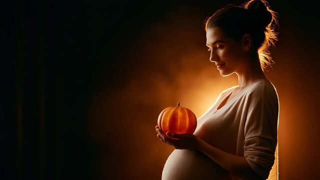 mother in profile holding a small glowing pumpkin