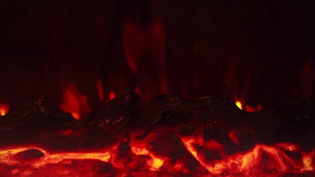 Warm Fireplace Flame Flickering in Cozy Home, Close Up