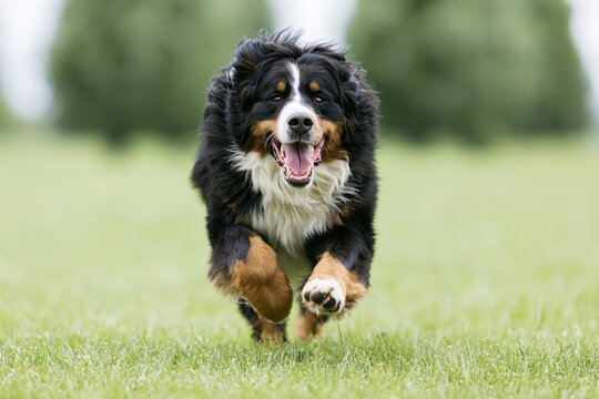The Bernese Mountain Dog Running Joyfully Across a Bright Green Field