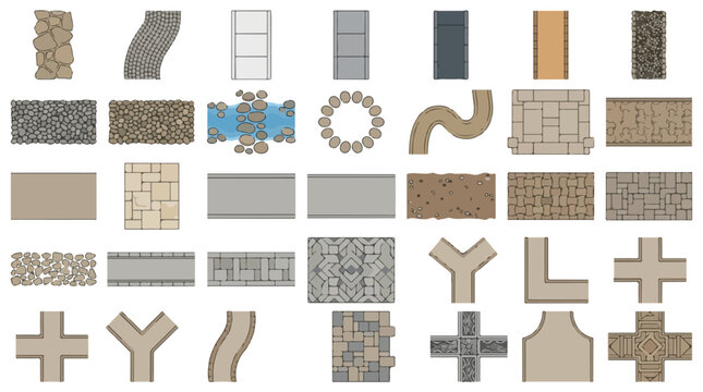 Landscape design garden path vector set, top view stone walkway and pavement textures, 35 architectural paving elements for site planning