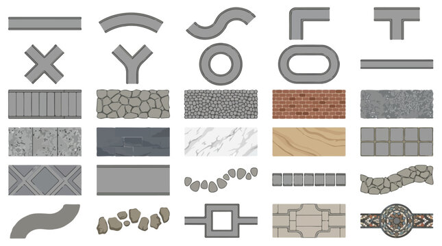 Pavement and garden path vector set, 25 top view walkway elements for landscape design, stone and brick patio textures for architectural site plans