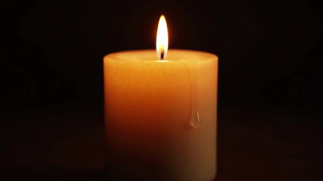 Single burning candle with glowing flame against dark background light fire glow wax romantic light fire glow wax