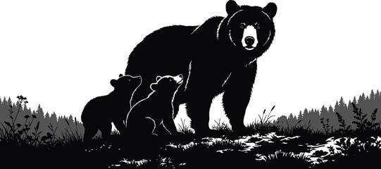 Black and white silhouette of a mother bear with two cubs in a forest landscape, vector illustration © Sourav