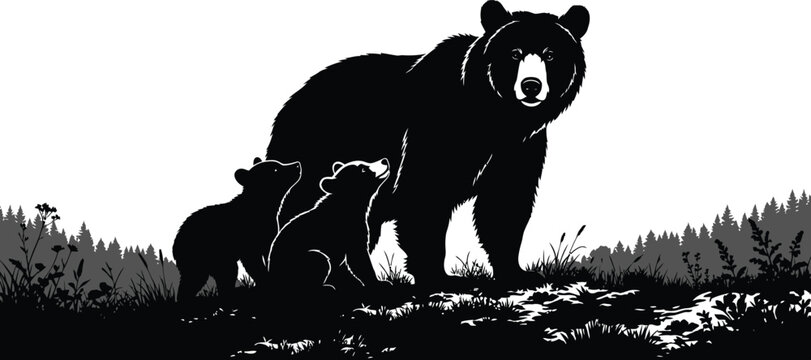 Black and white silhouette of a mother bear with two cubs in a forest landscape, vector illustration