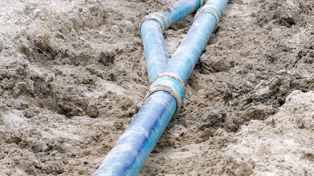 Elegent photo of Industrial blue plastic pipes connected in a Y-junction laid in a trench. Use this for construction, irrigation, and infrastructure development projects.