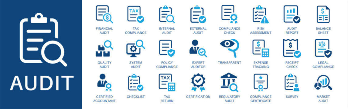 Audit and compliance solid icon set. Symbols for financial audit, tax compliance, risk assessment, expense tracking, and certification. Editable vector design for corporate accounting workflow.