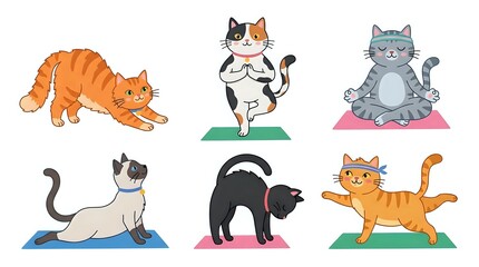 Obraz premium Cartoon cats in various poses and colors standing on colored platforms, isolated on white background for design projects.