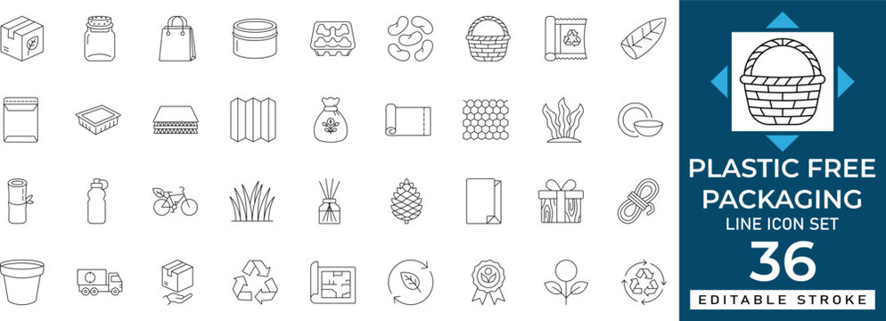 Plastic free packaging line icon set featuring eco friendly boxing, biodegradable materials, zero waste shipping, and sustainable parcel delivery. Professional editable outline vector illustration for