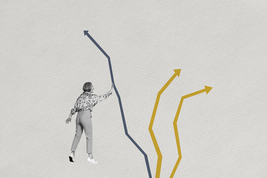 Creative pop collage of woman air fly high five gesture up with arrows on grey background
