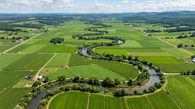 A winding, meandering river flowing through a vast agricultural landscape.