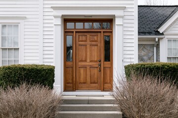 Obraz premium The Wooden Front Door Centered on White House Entrance with Steps