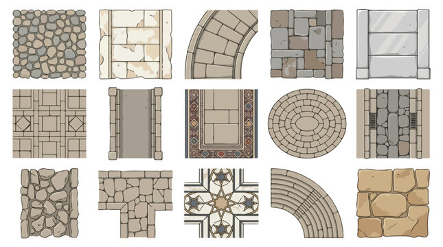 Stone pavement textures and cobblestone path set, 15 vector top view masonry tiles, medieval castle floor and garden walkway patterns for game design