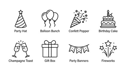 Fototapeta premium A festive party scene with a party hat, balloons, confetti popper, birthday cake, champagne toast, gift box, banners, and fireworks celebrating a joyful event.