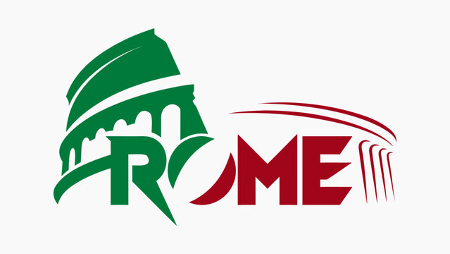 Colosseum Icon With Stylized Text Spelling out Rome in Green White and Red Colors Representing the Italian Flag Design for Travel Branding