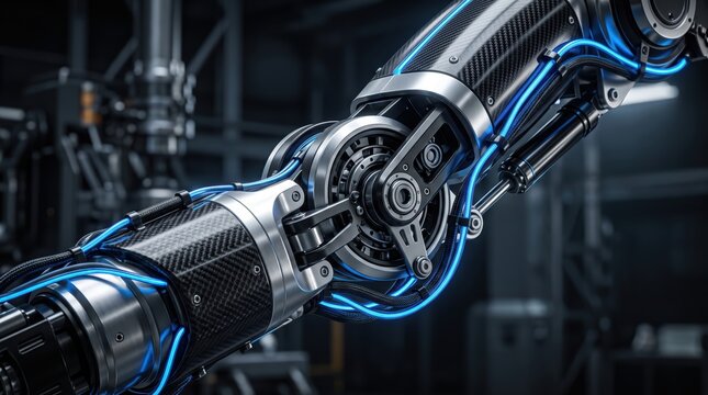Close-up of a futuristic robotic arm joint with carbon fiber details and glowing blue cables in a dark industrial setting