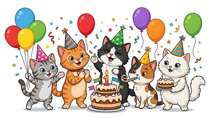Fototapeta premium Cartoon cats celebrating birthday party with balloons, confetti, cake and party hats. Isolated clipart suitable for greeting cards, invitations, t-shirt designs and children's illustrations.